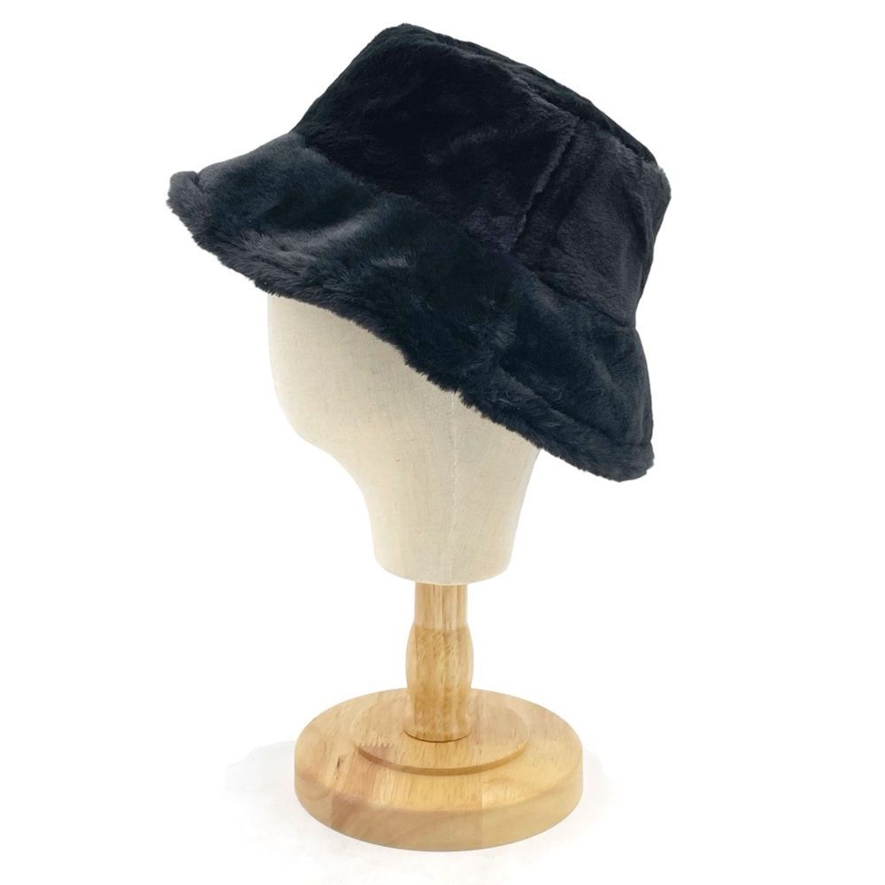Black Faux Fur Bucket Hat Winter Soft Plush Fuzzy Warm Outerwear Unisex One Size - Picture 4 of 11